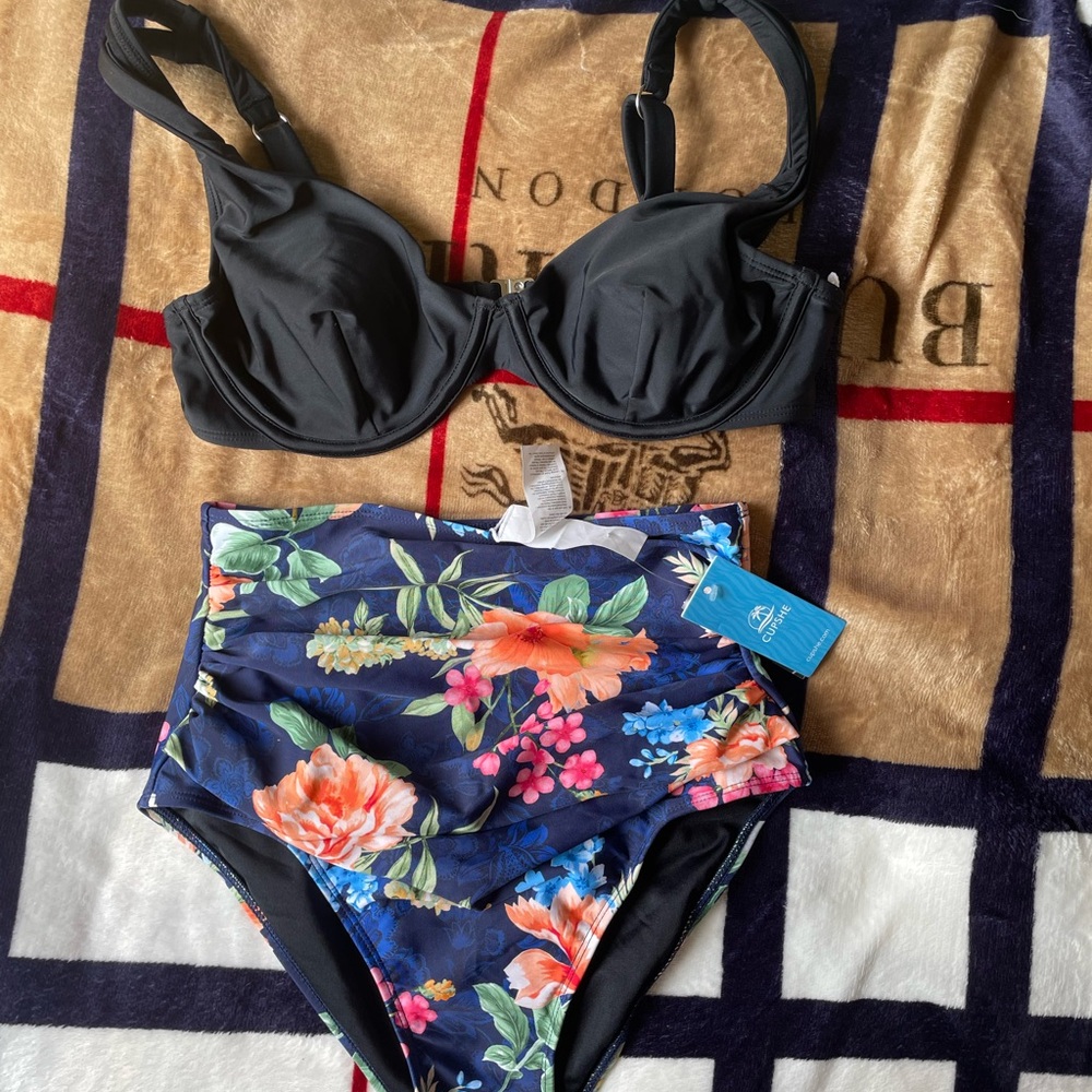 Cupshe Black and Blue Floral Bikini Set